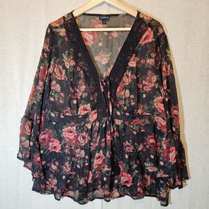 Torrid Womens Dark Floral Sheer Peasant Top Black Red Pink Roses Size 1 = 1X XL